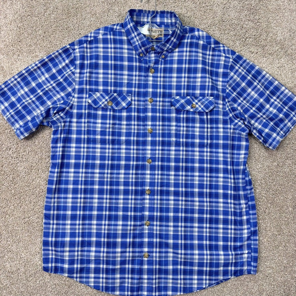 Duluth Trading Co Shirt Mens XL Tall Plaid Blue Short Sleeve Button Down EUC
